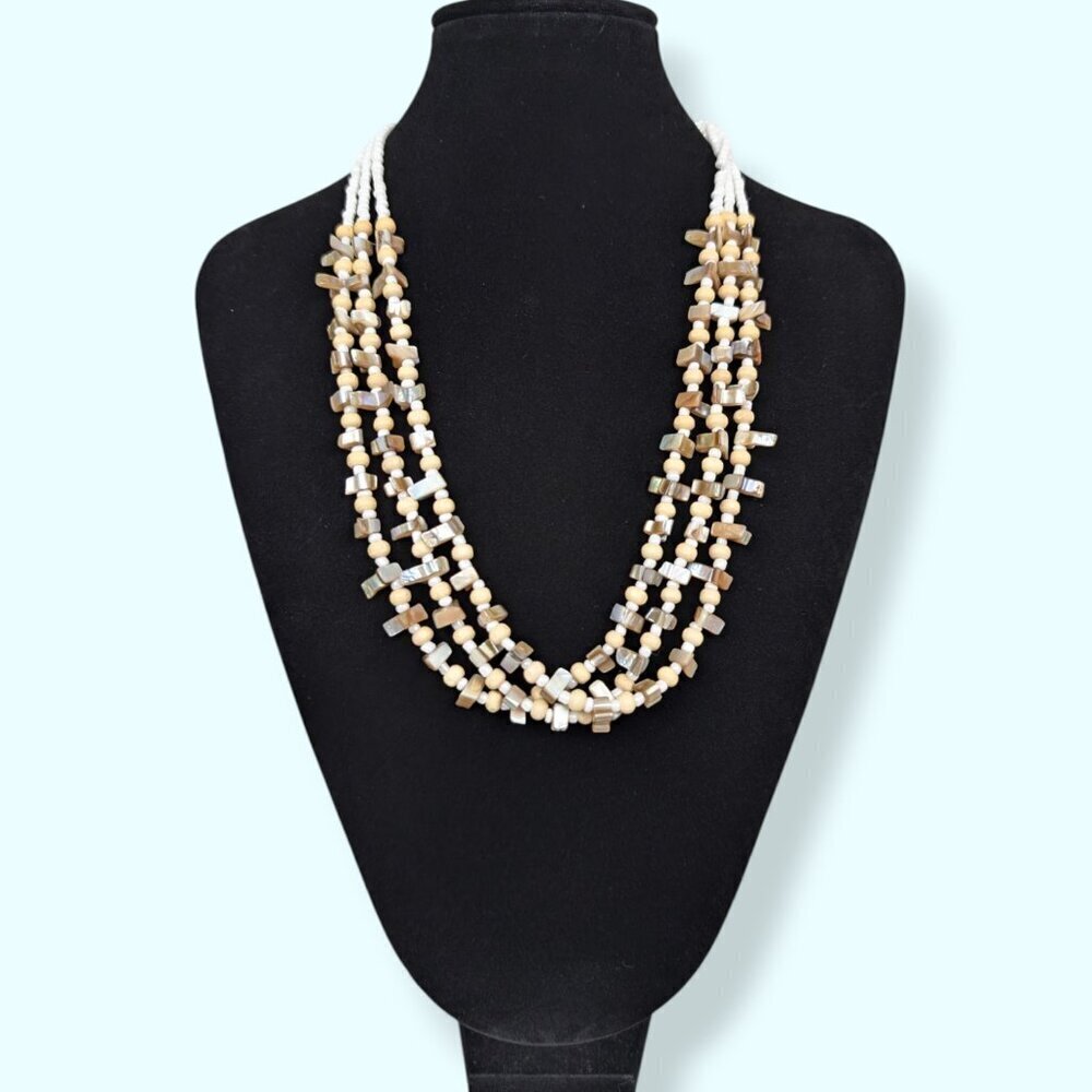 Vintage 3-Strand MOP & Wood Bead Necklace